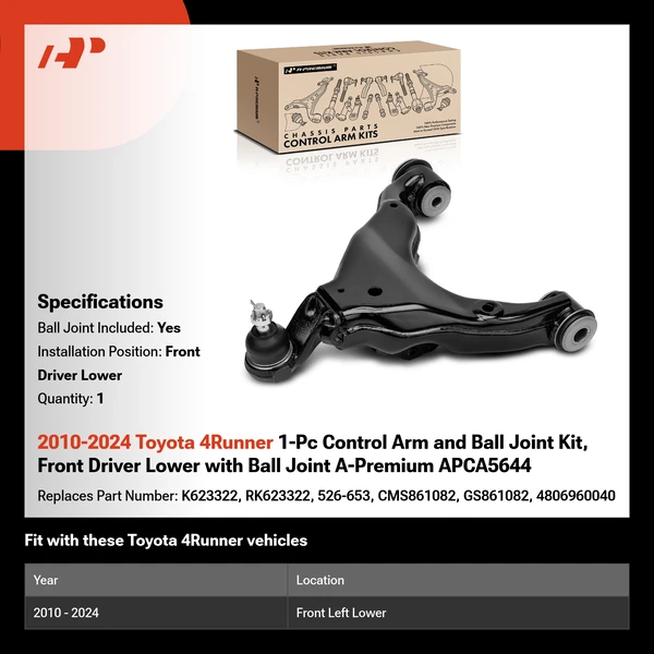 2010-2024 Toyota 4Runner 1-Pc Control Arm and Ball Joint Kit, Front Driver Lower with Ball Joint A-Premium APCA5644