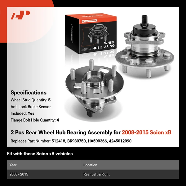 2 Pcs Rear Wheel Hub Bearing Assembly for 2008-2015 Scion xB