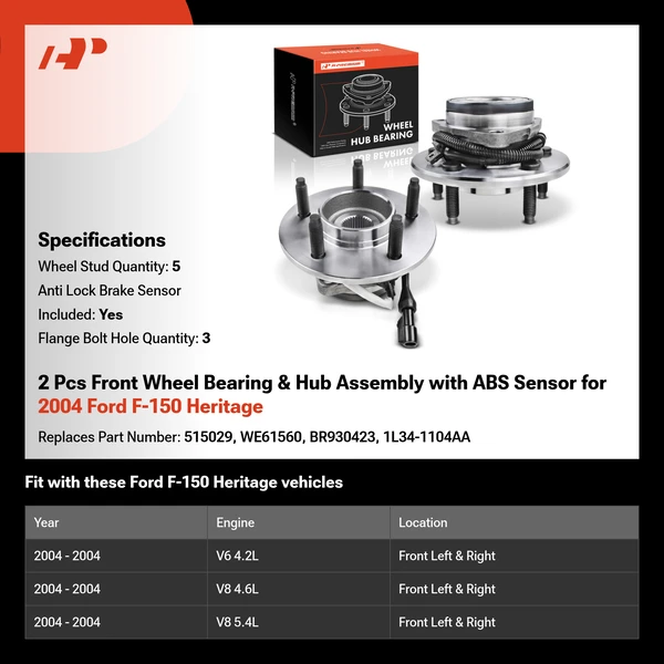 2 Pcs Front Wheel Bearing & Hub Assembly with ABS Sensor for 2004 Ford F-150 Heritage