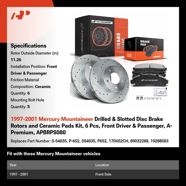 1997-2001 Mercury Mountaineer Drilled & Slotted Disc Brake Rotors and Ceramic Pads Kit, 6 Pcs, Front Driver & Passenger, A-Premium, APBRPS080