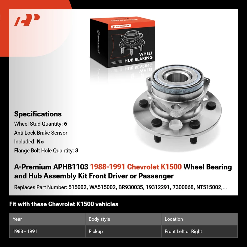 A-Premium APHB1103 1988-1991 Chevrolet K1500 Wheel Bearing and Hub Assembly Kit Front Driver or Passenger