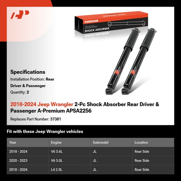2018-2024 Jeep Wrangler 2-Pc Shock Absorber Rear Driver & Passenger A-Premium APSA2256