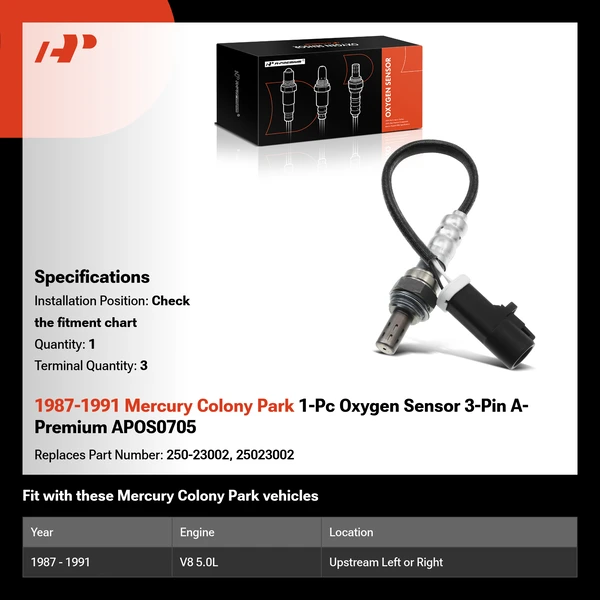 1987-1991 Mercury Colony Park 1-Pc Oxygen Sensor 3-Pin A-Premium APOS0705