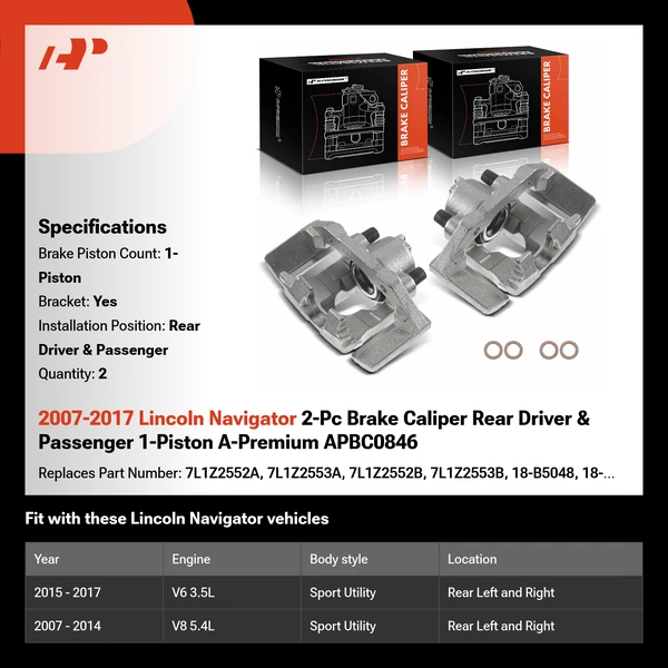 2007-2017 Lincoln Navigator 2-Pc Brake Caliper Rear Driver & Passenger 1-Piston A-Premium APBC0846