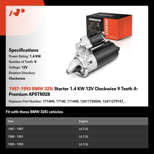1987-1993 BMW 325i Starter 1.4 KW 12V Clockwise 9 Teeth A-Premium APSTR028