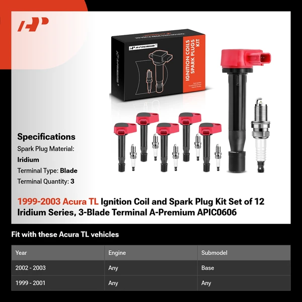 1999-2003 Acura TL Ignition Coil and Spark Plug Kit Set of 12 Iridium Series, 3-Blade Terminal A-Premium APIC0606