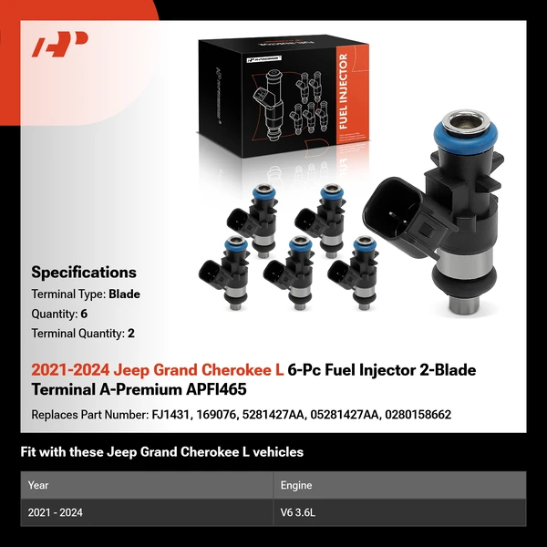 2021-2024 Jeep Grand Cherokee L 6-Pc Fuel Injector 2-Blade Terminal A-Premium APFI465