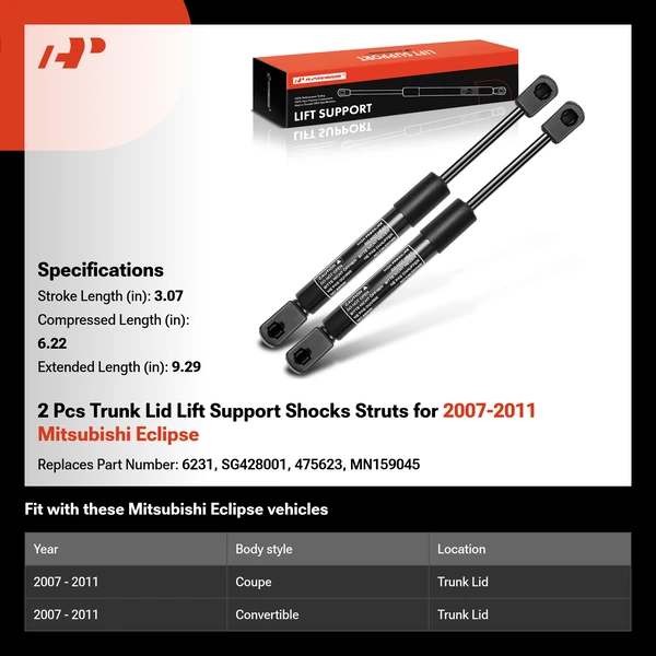 2 Pcs Trunk Lid Lift Support Shocks Struts for 2007-2011 Mitsubishi Eclipse