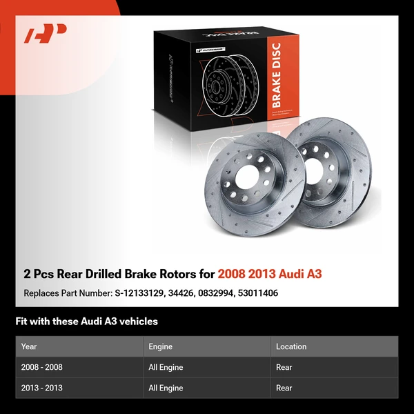 2 Pcs Rear Drilled Brake Rotors for 2008 2013 Audi A3