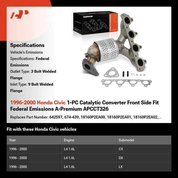 1996-2000 Honda Civic 1-PC Catalytic Converter Front Side Fit Federal Emissions A-Premium APCCT326