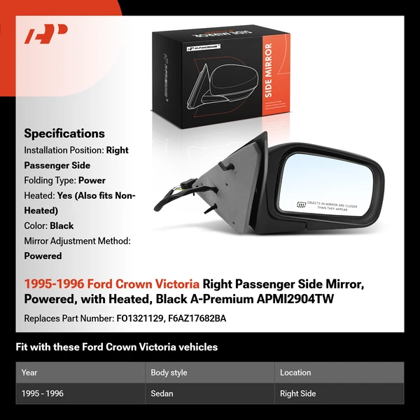 1995-1996 Ford Crown Victoria Right Passenger Side Mirror, Powered, with Heated, Black A-Premium APMI2904TW