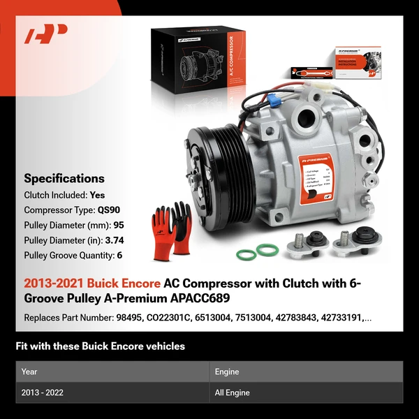 2013-2021 Buick Encore AC Compressor with Clutch with 6-Groove Pulley A-Premium APACC689