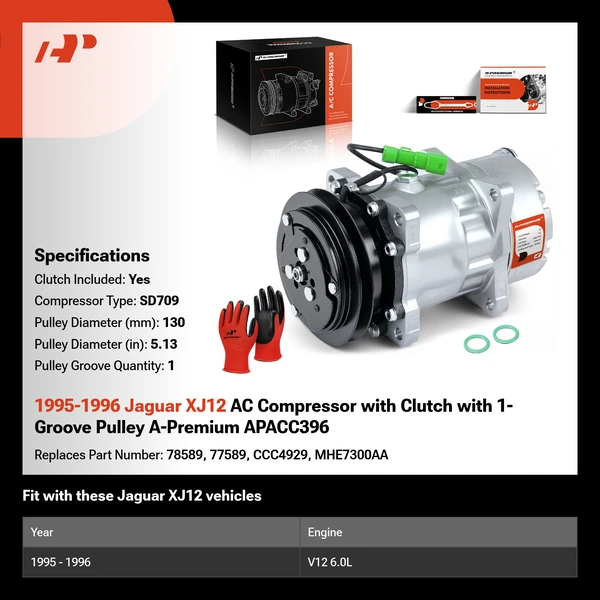 1995-1996 Jaguar XJ12 AC Compressor with Clutch with 1-Groove Pulley A-Premium APACC396