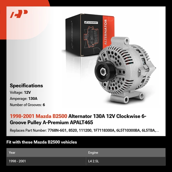 1998-2001 Mazda B2500 Alternator 130A 12V Clockwise 6-Groove Pulley A-Premium APALT465