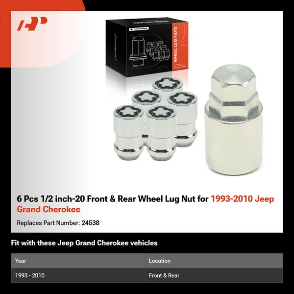 6 Pcs 1/2 inch-20 Front & Rear Wheel Lug Nut for 1993-2010 Jeep Grand Cherokee