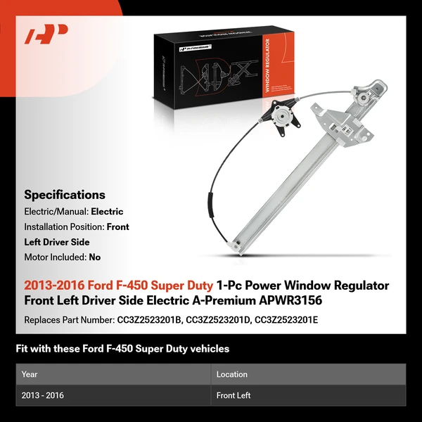 2013-2016 Ford F-450 Super Duty 1-Pc Power Window Regulator Front Left Driver Side Electric A-Premium APWR3156