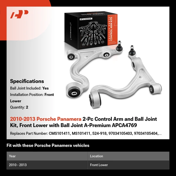 2010-2013 Porsche Panamera 2-Pc Control Arm and Ball Joint Kit, Front Lower with Ball Joint A-Premium APCA4769