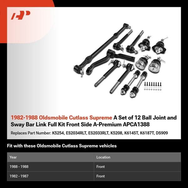 1982-1988 Oldsmobile Cutlass Supreme A Set of 12 Ball Joint and Sway Bar Link Full Kit Front Side A-Premium APCA1388