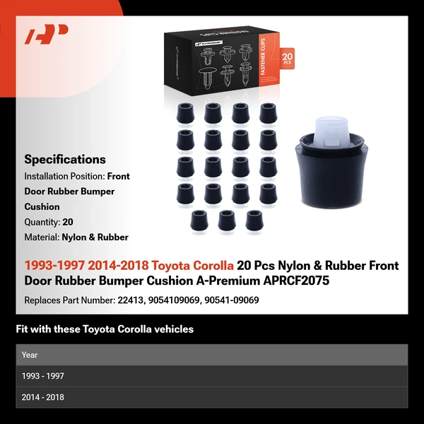 1993-1997 2014-2018 Toyota Corolla 20 Pcs Nylon & Rubber Front Door Rubber Bumper Cushion A-Premium APRCF2075