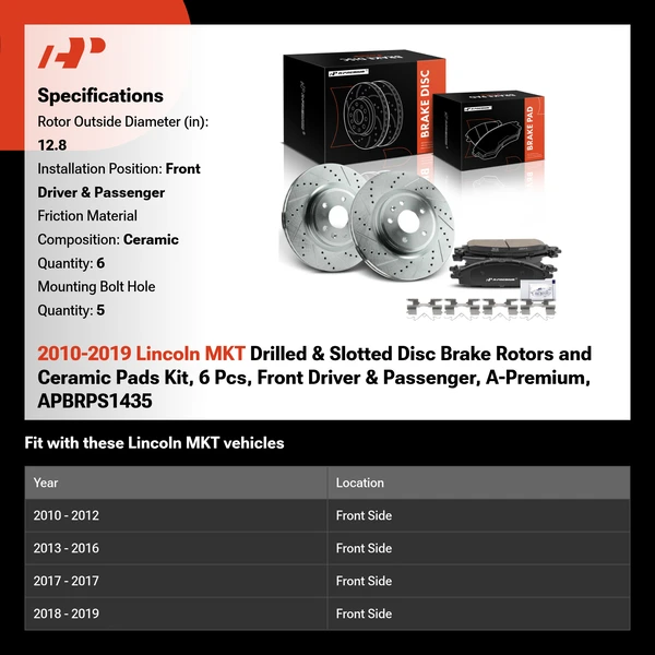 2010-2019 Lincoln MKT Drilled & Slotted Disc Brake Rotors and Ceramic Pads Kit, 6 Pcs, Front Driver & Passenger, A-Premium, APBRPS1435