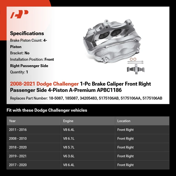 2008-2021 Dodge Challenger 1-Pc Brake Caliper Front Right Passenger Side 4-Piston A-Premium APBC1186