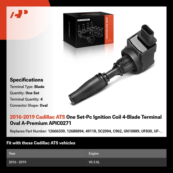 2016-2019 Cadillac ATS One Set-Pc Ignition Coil 4-Blade Terminal Oval A-Premium APIC0271