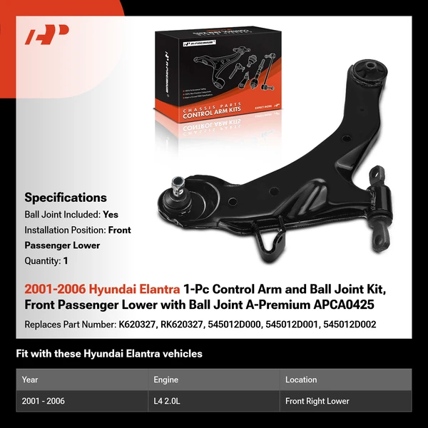 2001-2006 Hyundai Elantra 1-Pc Control Arm and Ball Joint Kit, Front Passenger Lower with Ball Joint A-Premium APCA0425