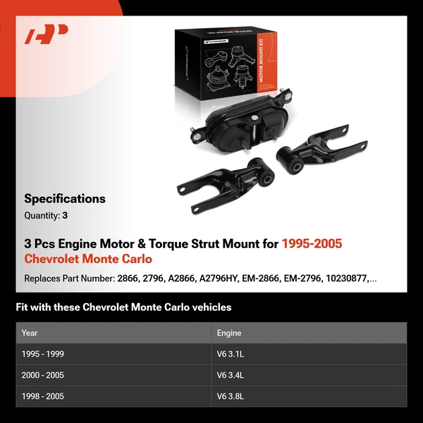 3 Pcs Engine Motor & Torque Strut Mount for 1995-2005 Chevrolet Monte Carlo