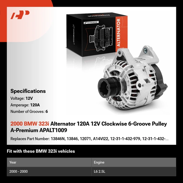 2000 BMW 323i Alternator 120A 12V Clockwise 6-Groove Pulley A-Premium APALT1009