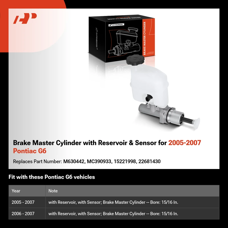 Brake Master Cylinder with Reservoir & Sensor for 2005-2007 Pontiac G6