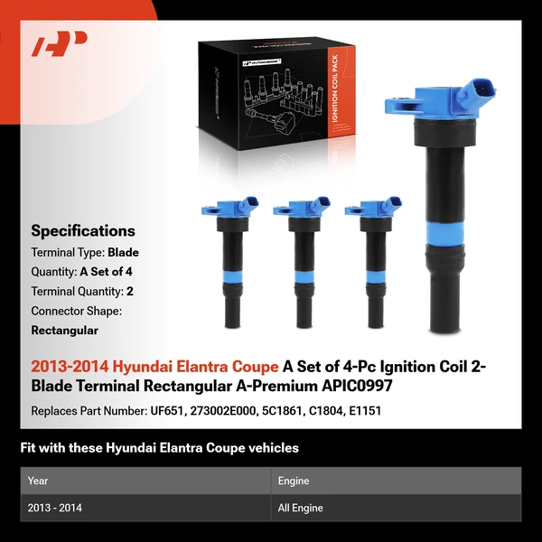 2013-2014 Hyundai Elantra Coupe A Set of 4-Pc Ignition Coil 2-Blade Terminal Rectangular A-Premium APIC0997