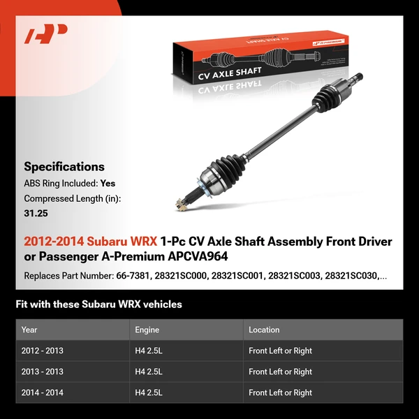 2012-2014 Subaru WRX 1-Pc CV Axle Shaft Assembly Front Driver or Passenger A-Premium APCVA964