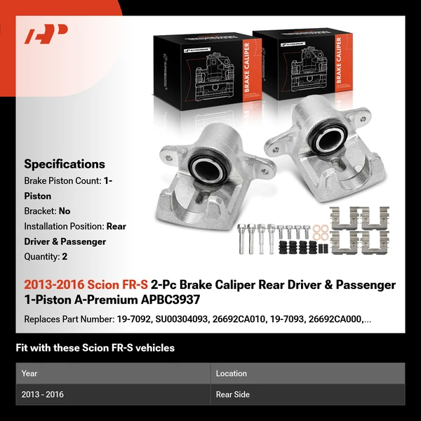 2013-2016 Scion FR-S 2-Pc Brake Caliper Rear Driver & Passenger 1-Piston A-Premium APBC3937