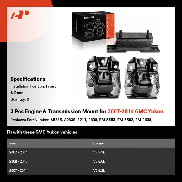 3 Pcs Engine & Transmission Mount for 2007-2014 GMC Yukon