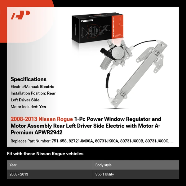 2008-2013 Nissan Rogue 1-Pc Power Window Regulator and Motor Assembly Rear Left Driver Side Electric with Motor A-Premium APWR2942