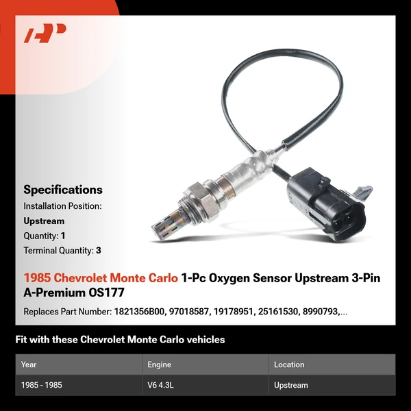 1985 Chevrolet Monte Carlo 1-Pc Oxygen Sensor Upstream 3-Pin A-Premium OS177