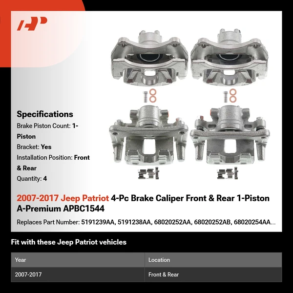 2007-2017 Jeep Patriot 4-Pc Brake Caliper Front & Rear 1-Piston A-Premium APBC1544