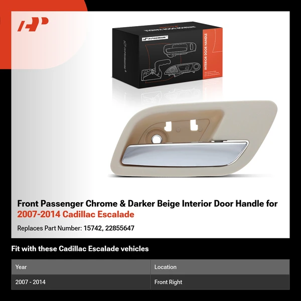Front Passenger Chrome & Darker Beige Interior Door Handle for 2007-2014 Cadillac Escalade