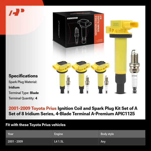 2001-2009 Toyota Prius Ignition Coil and Spark Plug Kit Set of A Set of 8 Iridium Series, 4-Blade Terminal A-Premium APIC1125