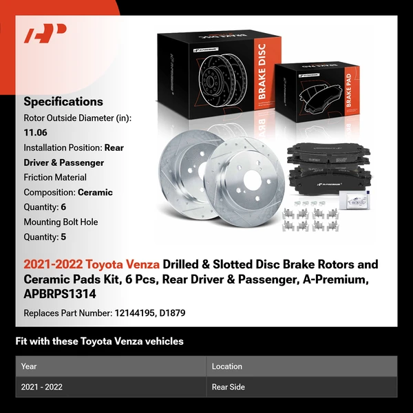 2021-2022 Toyota Venza Drilled & Slotted Disc Brake Rotors and Ceramic Pads Kit, 6 Pcs, Rear Driver & Passenger, A-Premium, APBRPS1314