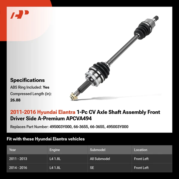 2011-2016 Hyundai Elantra 1-Pc CV Axle Shaft Assembly Front Driver Side A-Premium APCVA494