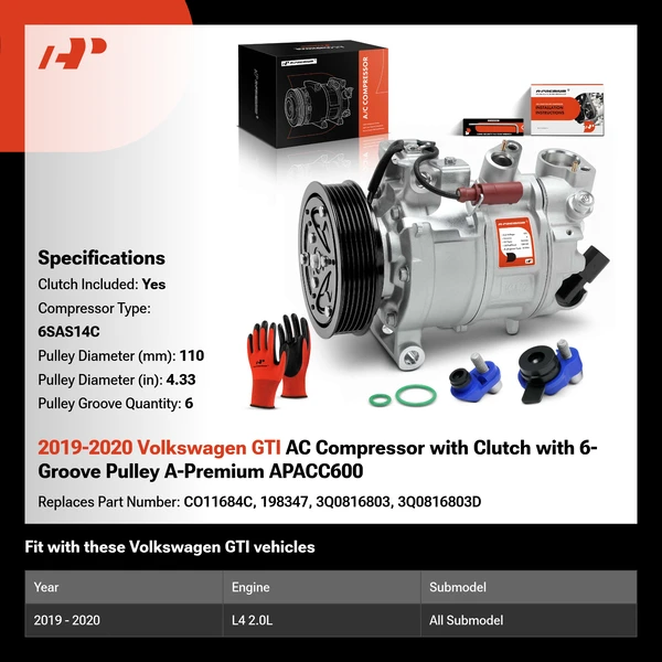 2019-2020 Volkswagen GTI AC Compressor with Clutch with 6-Groove Pulley A-Premium APACC600