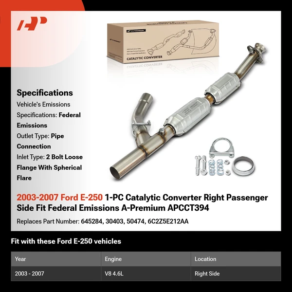 2003-2007 Ford E-250 1-PC Catalytic Converter Right Passenger Side Fit Federal Emissions A-Premium APCCT394