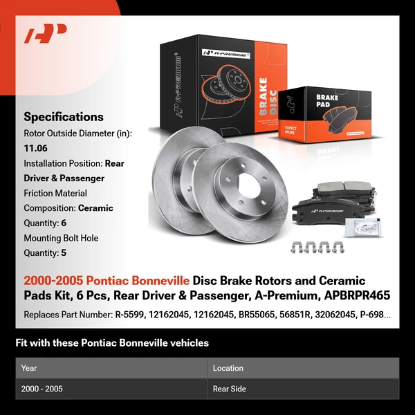 2000-2005 Pontiac Bonneville Disc Brake Rotors and Ceramic Pads Kit, 6 Pcs, Rear Driver & Passenger, A-Premium, APBRPR465