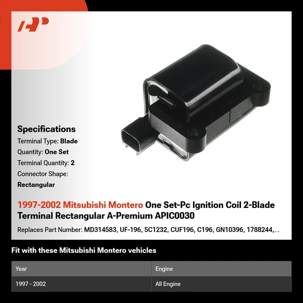 1997-2002 Mitsubishi Montero One Set-Pc Ignition Coil 2-Blade Terminal Rectangular A-Premium APIC0030