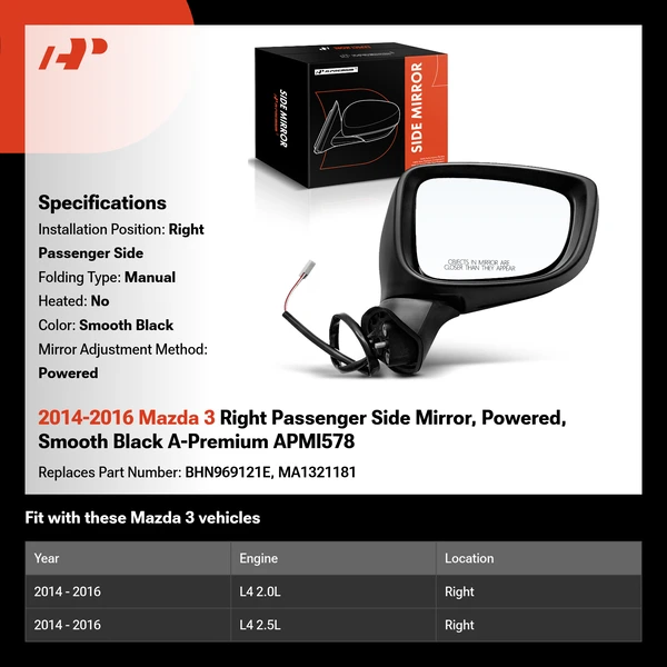 2014-2016 Mazda 3 Right Passenger Side Mirror, Powered, Smooth Black A-Premium APMI578
