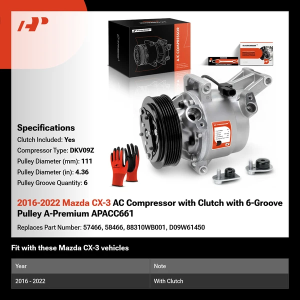 2016-2022 Mazda CX-3 AC Compressor with Clutch with 6-Groove Pulley A-Premium APACC661