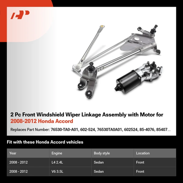 2 Pc Front Windshield Wiper Linkage Assembly with Motor for 2008-2012 Honda Accord