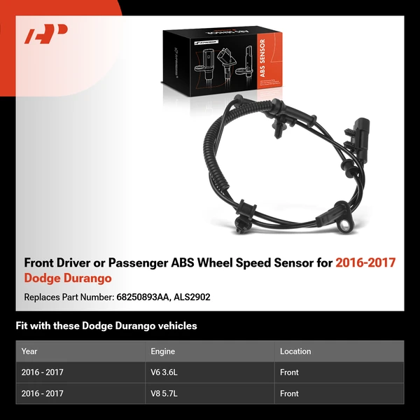 Front Driver or Passenger ABS Wheel Speed Sensor for 2016-2017 Dodge Durango