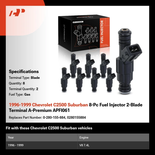 1996-1999 Chevrolet C2500 Suburban 8-Pc Fuel Injector 2-Blade Terminal A-Premium APFI061